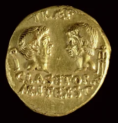 Aureus (reverse) Minted by Sextus Pompeius with Facing Heads of GN Pompeius Magnus and Gn Pompeius Junior